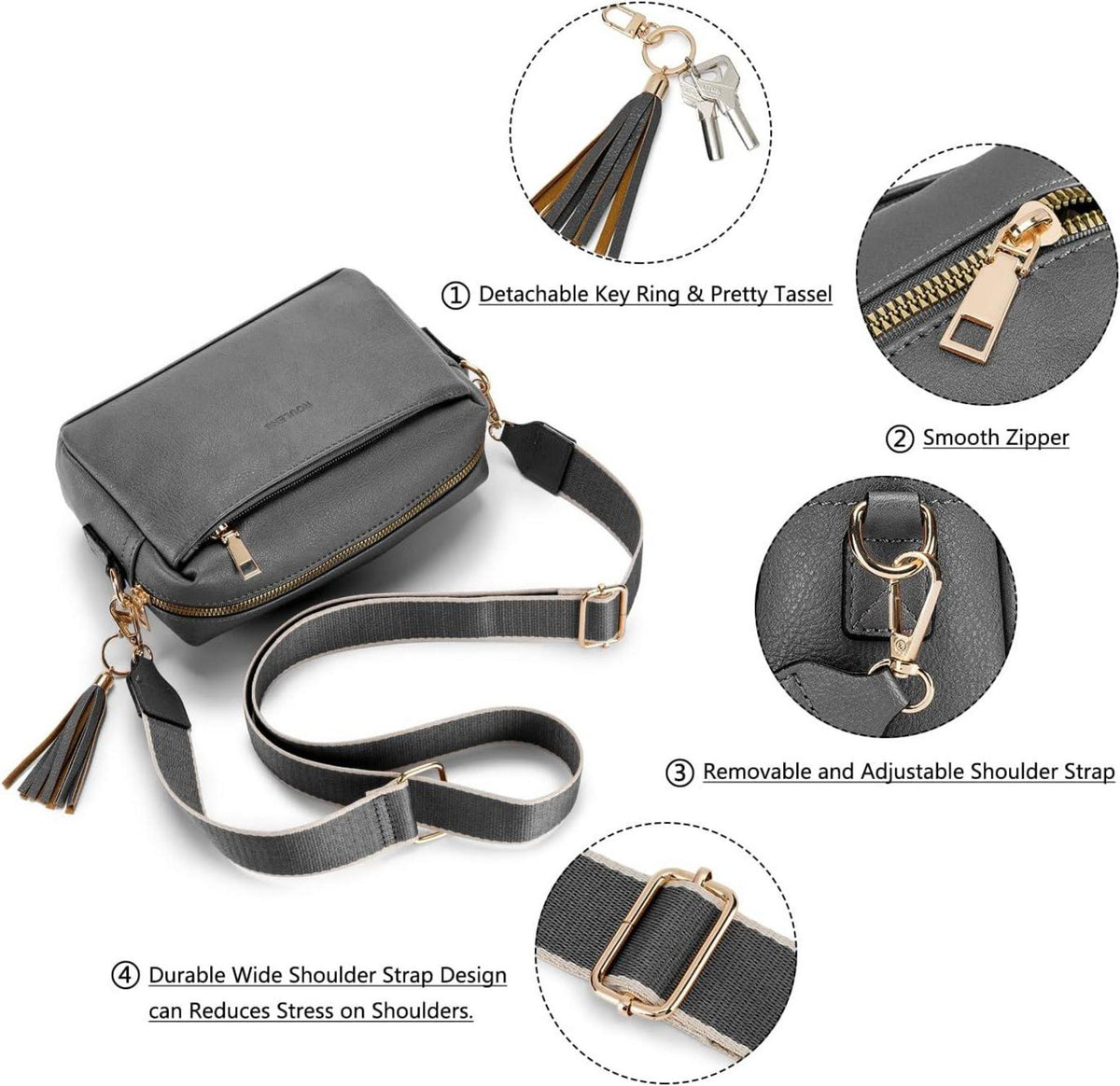 Damen Umhängetasche Vegan Leder Crossbody Schultertasche 3 Fächer C-dunkelgrau