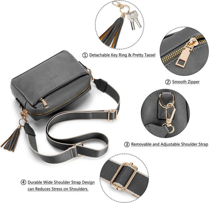 Damen Umhängetasche Vegan Leder Crossbody Schultertasche 3 Fächer C-dunkelgrau