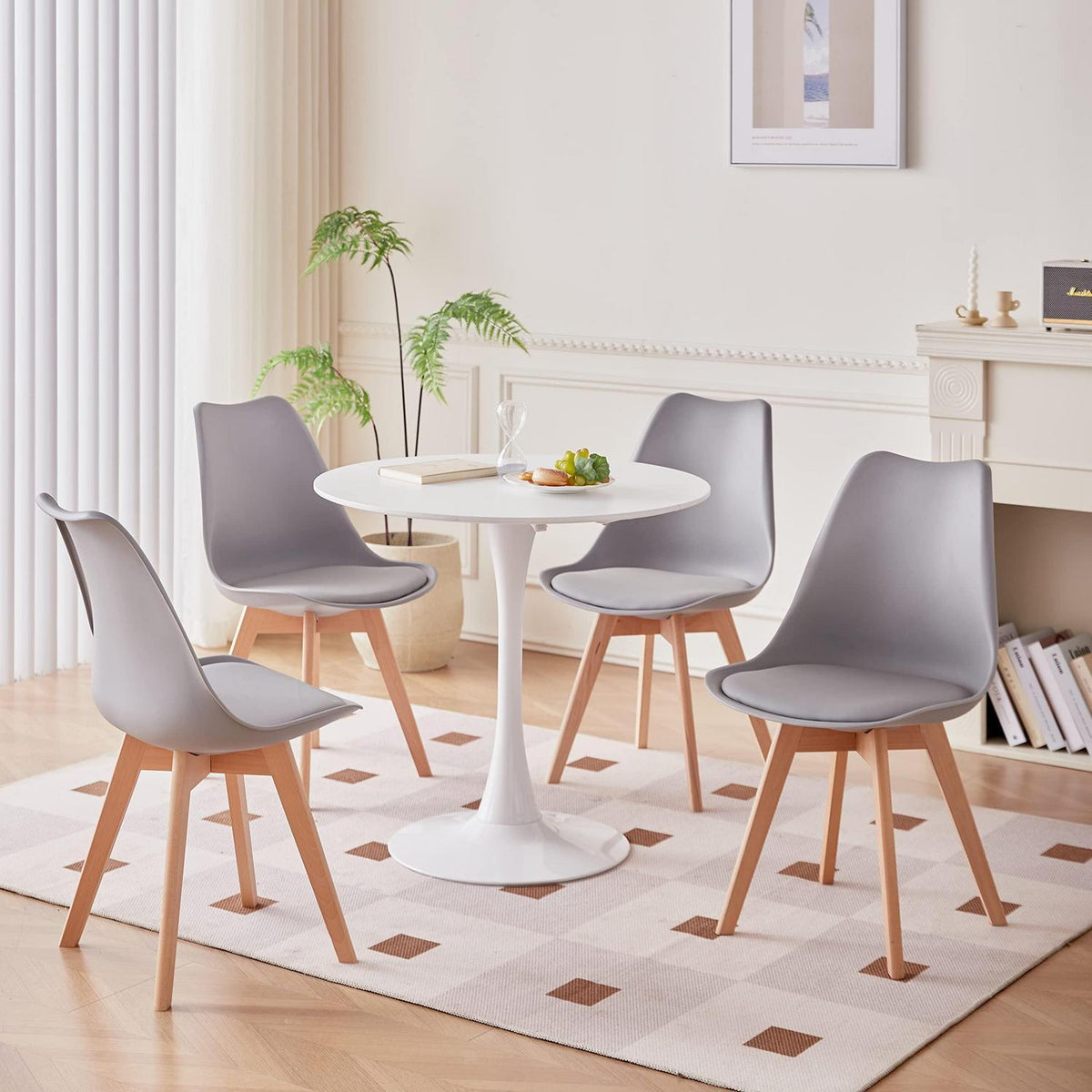 Runder Esstisch Set | Weißer Tisch mit 4 Grau Stühlen – Modern & Lässig