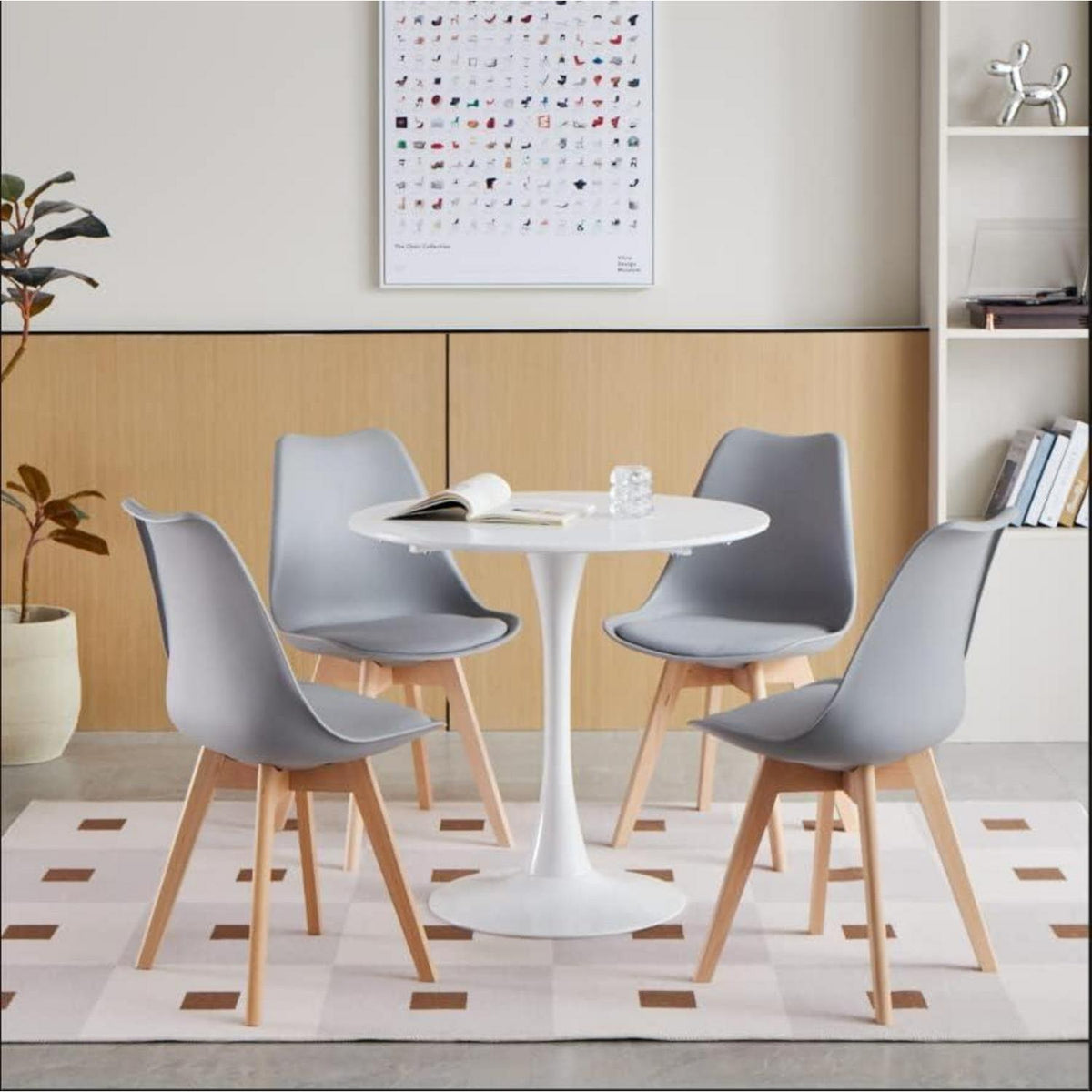 Runder Esstisch Set | Weißer Tisch mit 4 Grau Stühlen – Modern & Lässig