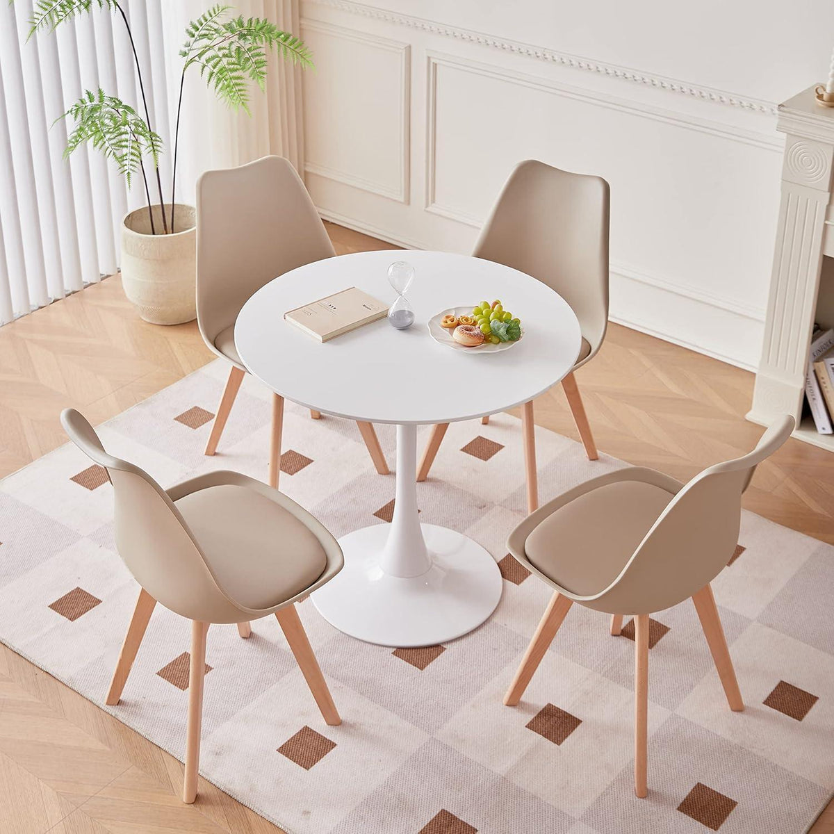 Runder Esstisch Set | Weißer Tisch mit 4 Beige Stühlen