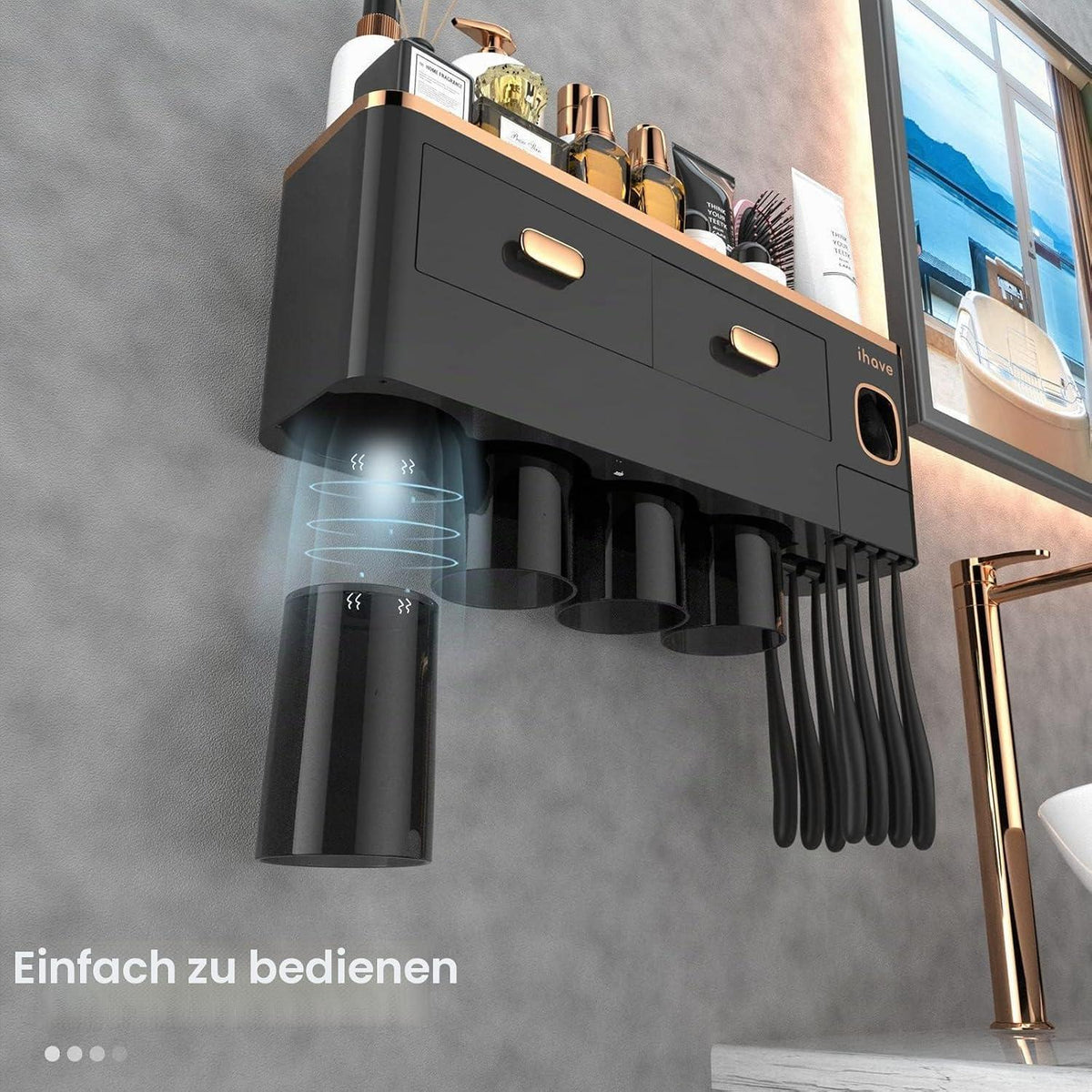 Zahnbürstenhalter Wand mit Spender & Schublade Schwarz-Gold