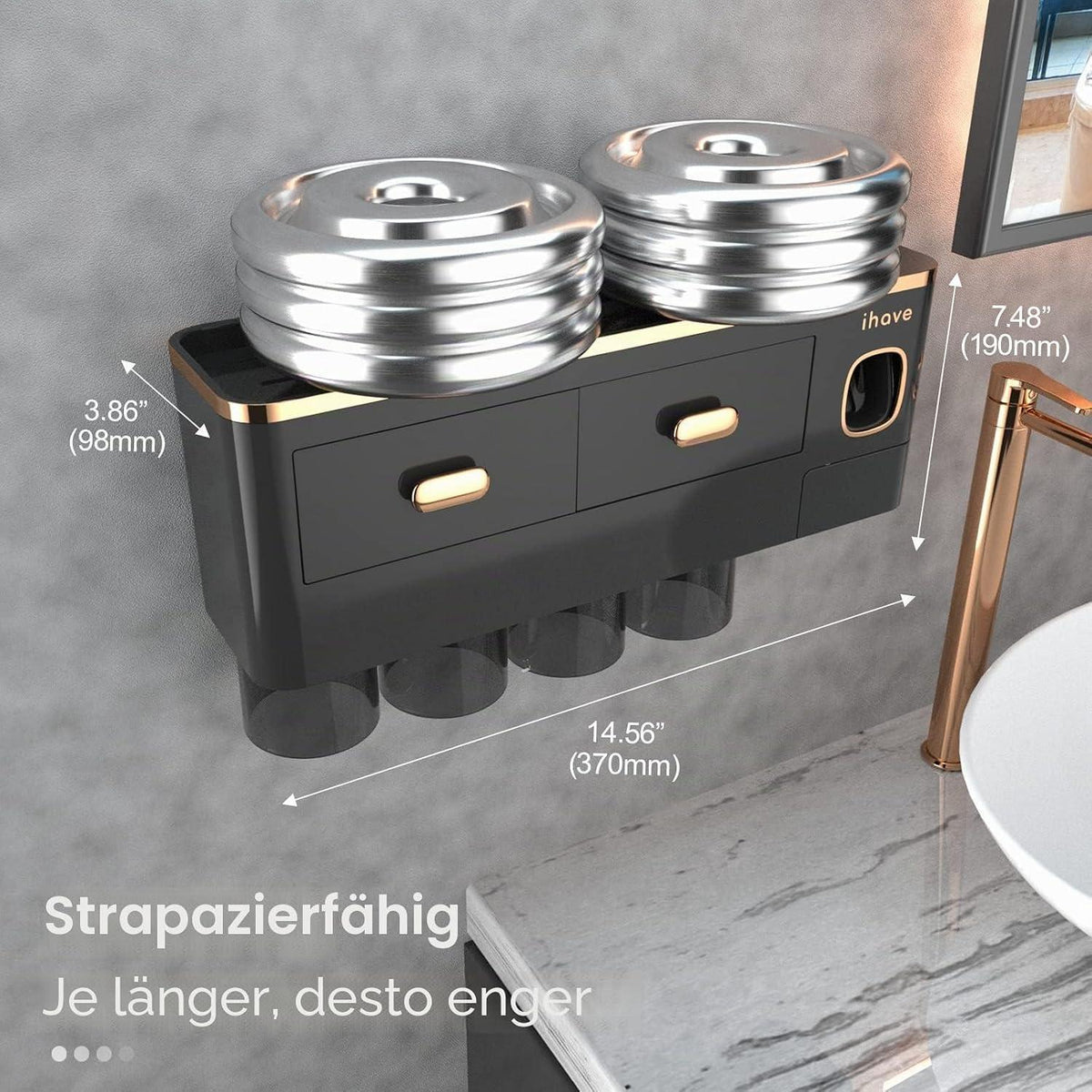 Zahnbürstenhalter Wand mit Spender & Schublade Schwarz-Gold