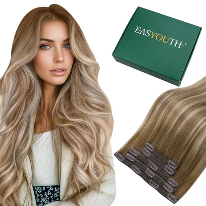 Clip-In Haarverlängerung Echthaar Balayage Braun Ombre
