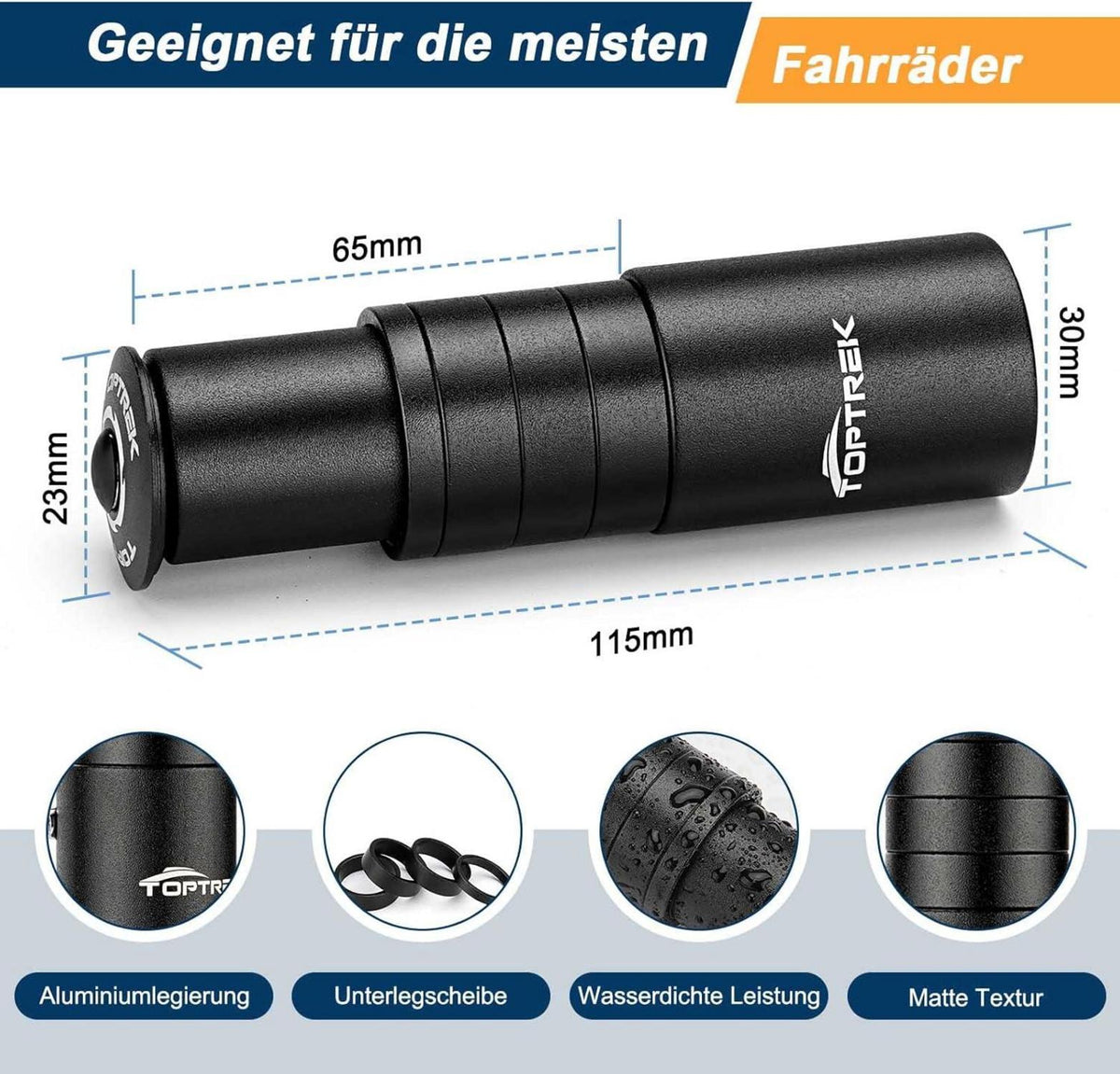 Toptrek Lenkererhöhung Fahrrad Vorbau 28,6mm 12x2,86cm Schwarz