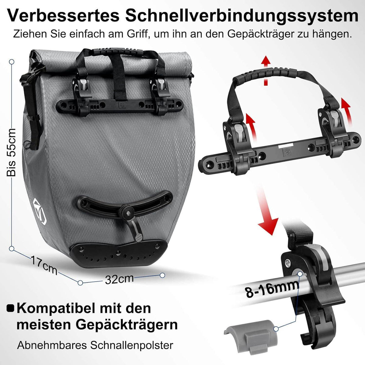 Fahrradtasche Gepäckträger Wasserdicht Reflektoren 23-28L Grau