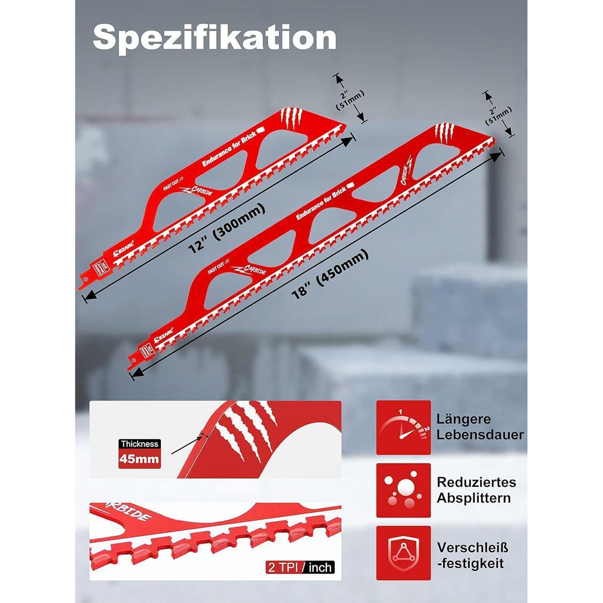 Hartmetall Säbelsägeblätter für Stein, 2 Stück 300/450mm