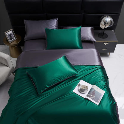 Satin Bettwäsche Set 135x200 Grün Dunkelgrau 4-teilig