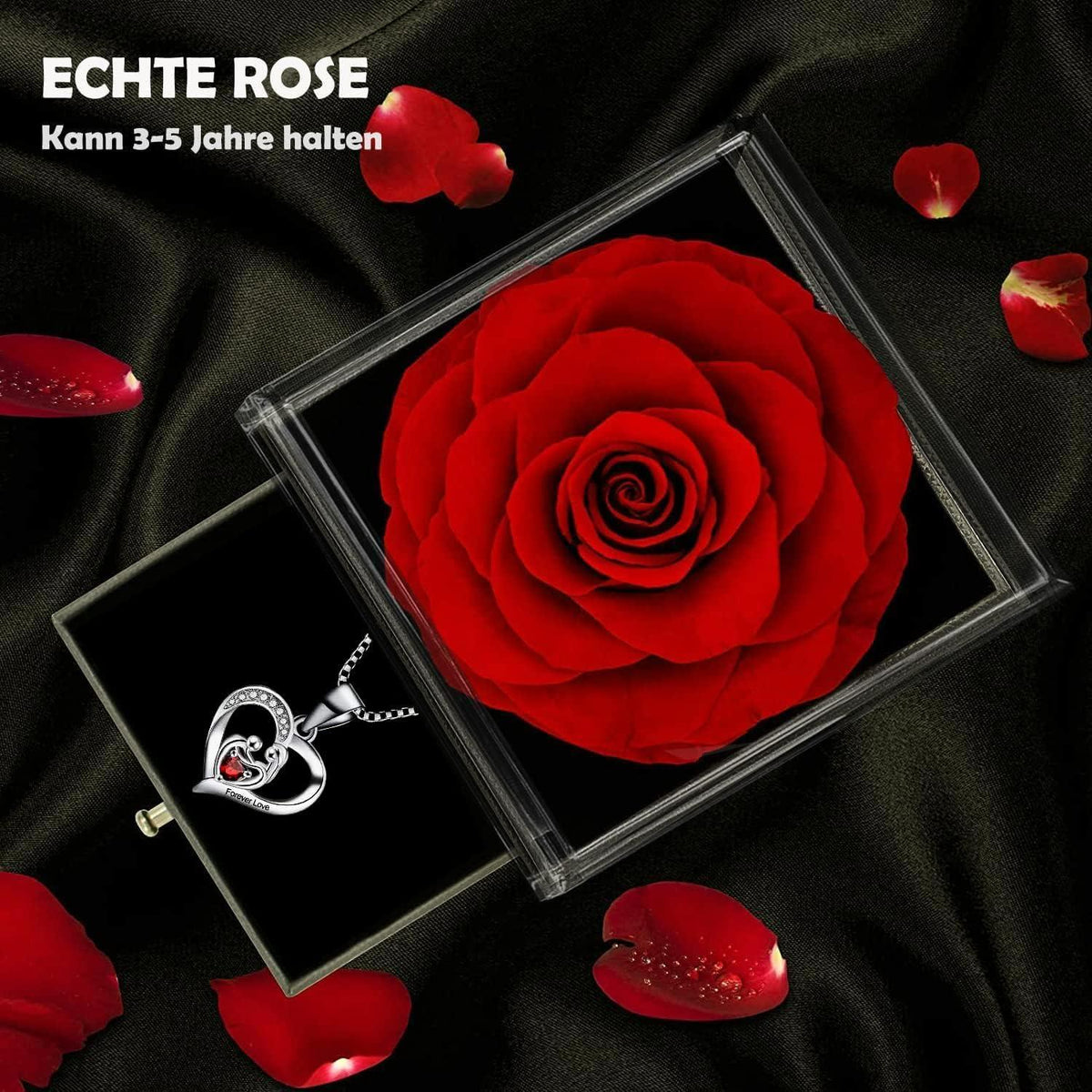 Muttertagsgeschenk Ewige Rose Halskette 925 Silber Granat Herz Kette