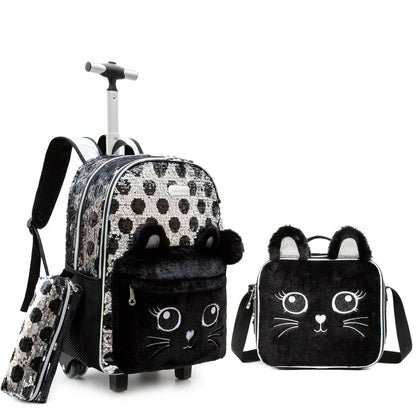 Schultrolley Set Mädchen 3in1 mit Rucksack & Lunchtasche - Katze Schwarz