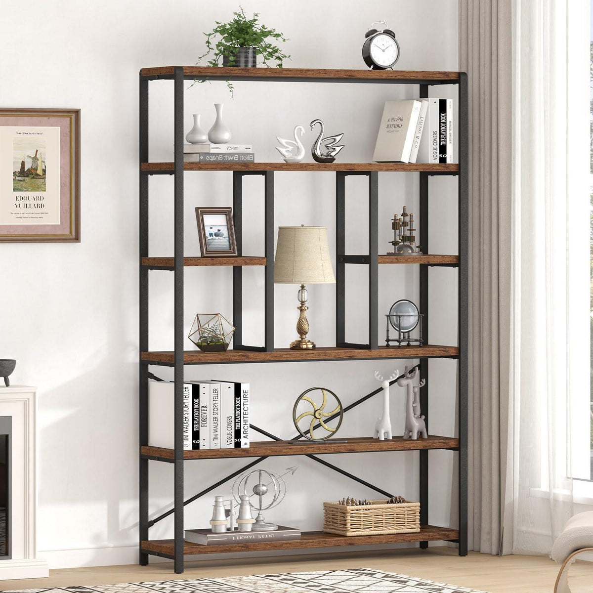 6-Ebenen Bücherregal Holz-Metall Vintagebraun-Schwarz