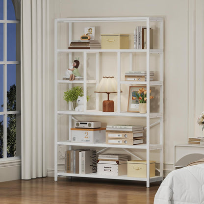 Bücherregal 6 Ebenen Holz Metall Standregal Weiß 120x180cm