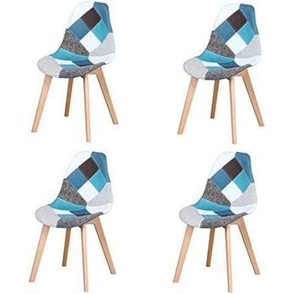 Patchwork Esszimmerstuhl Set (Blau) – 4 Stühle mit Holzbeinen