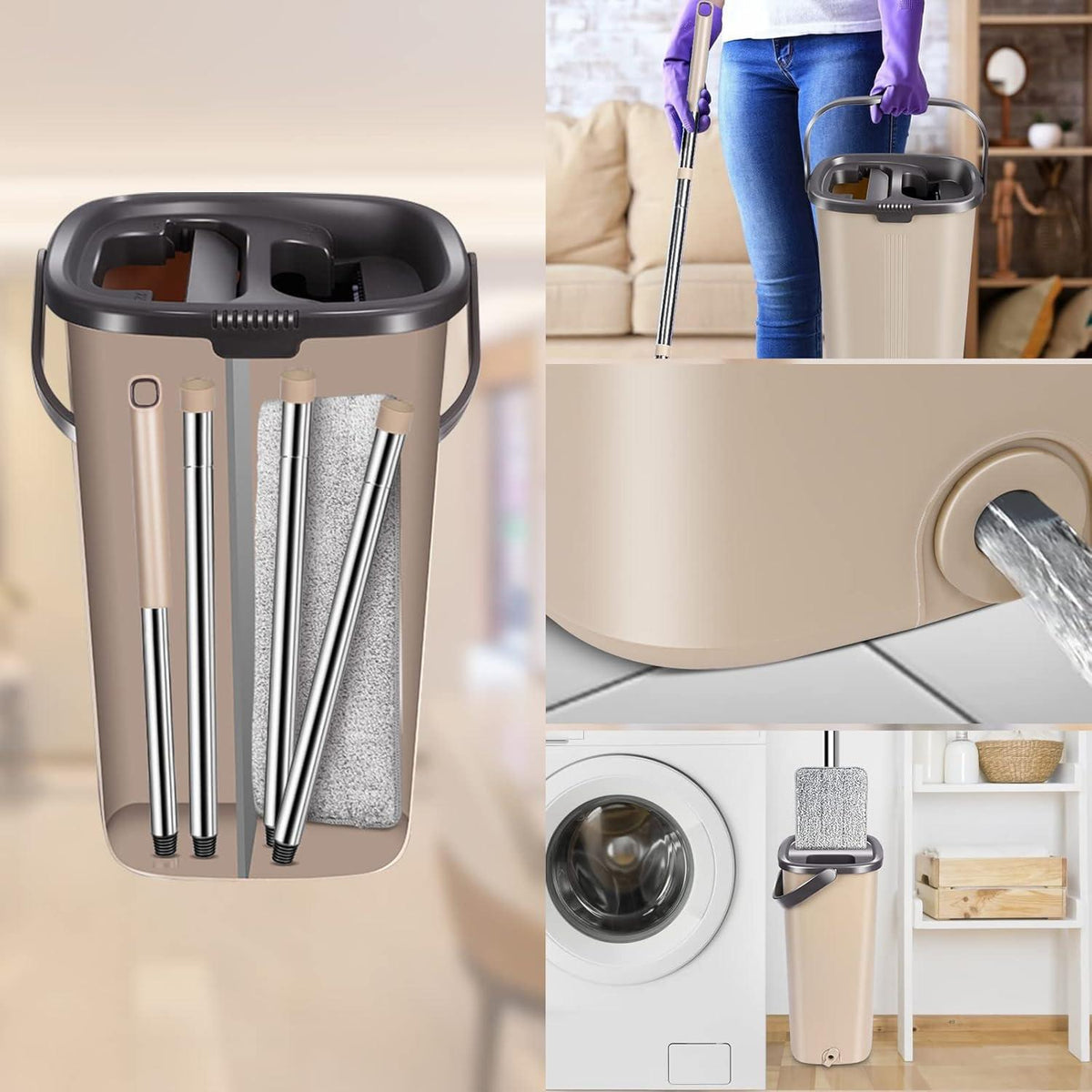 Flachmopp Wischmopp Set mit Eimer 138cm Edelstahlgriff 6 Moppkopf beige