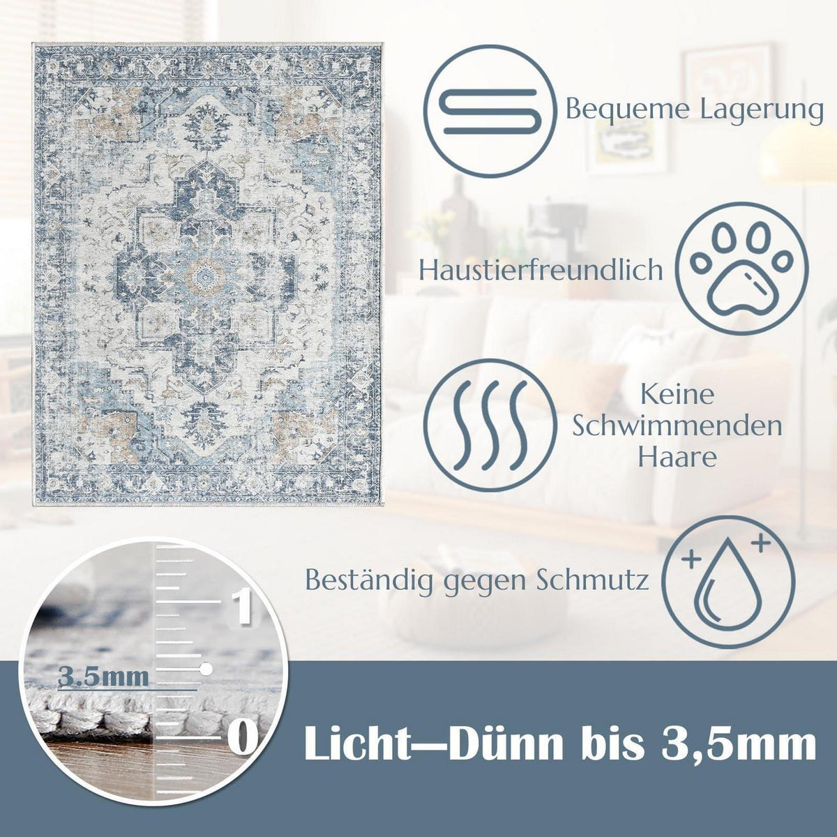 Blauer Vintage Teppich Floral 150x210cm – Waschbarer Kurzflor Läufer