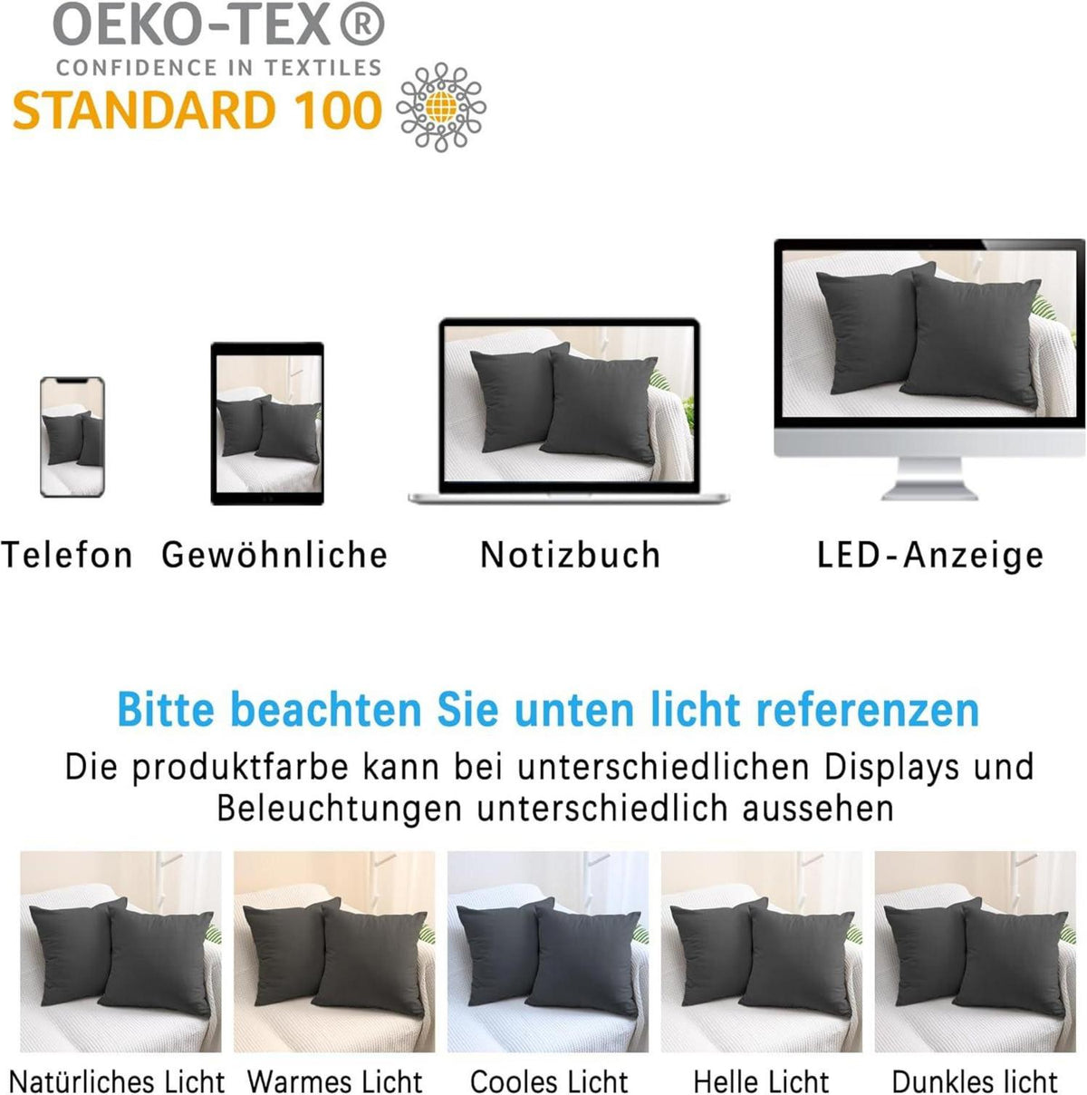 2er Set Kissenbezug 50x70 cm Dunkelgrau Baumwolle Reißverschluss