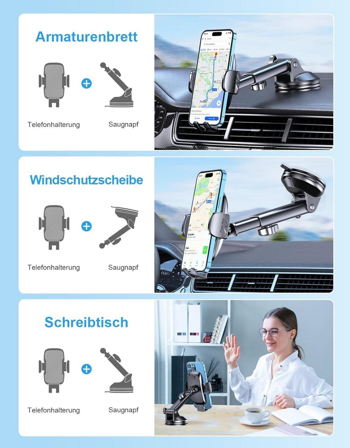 Auto Handyhalterung Saugnapf Universal Halterung Schwarz