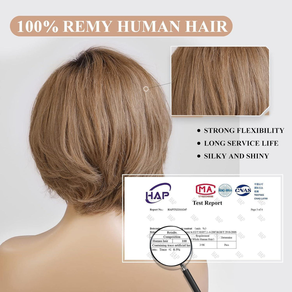 Echthaarperücke Wellig Pixie Cut Ombre Aschblond Mittel