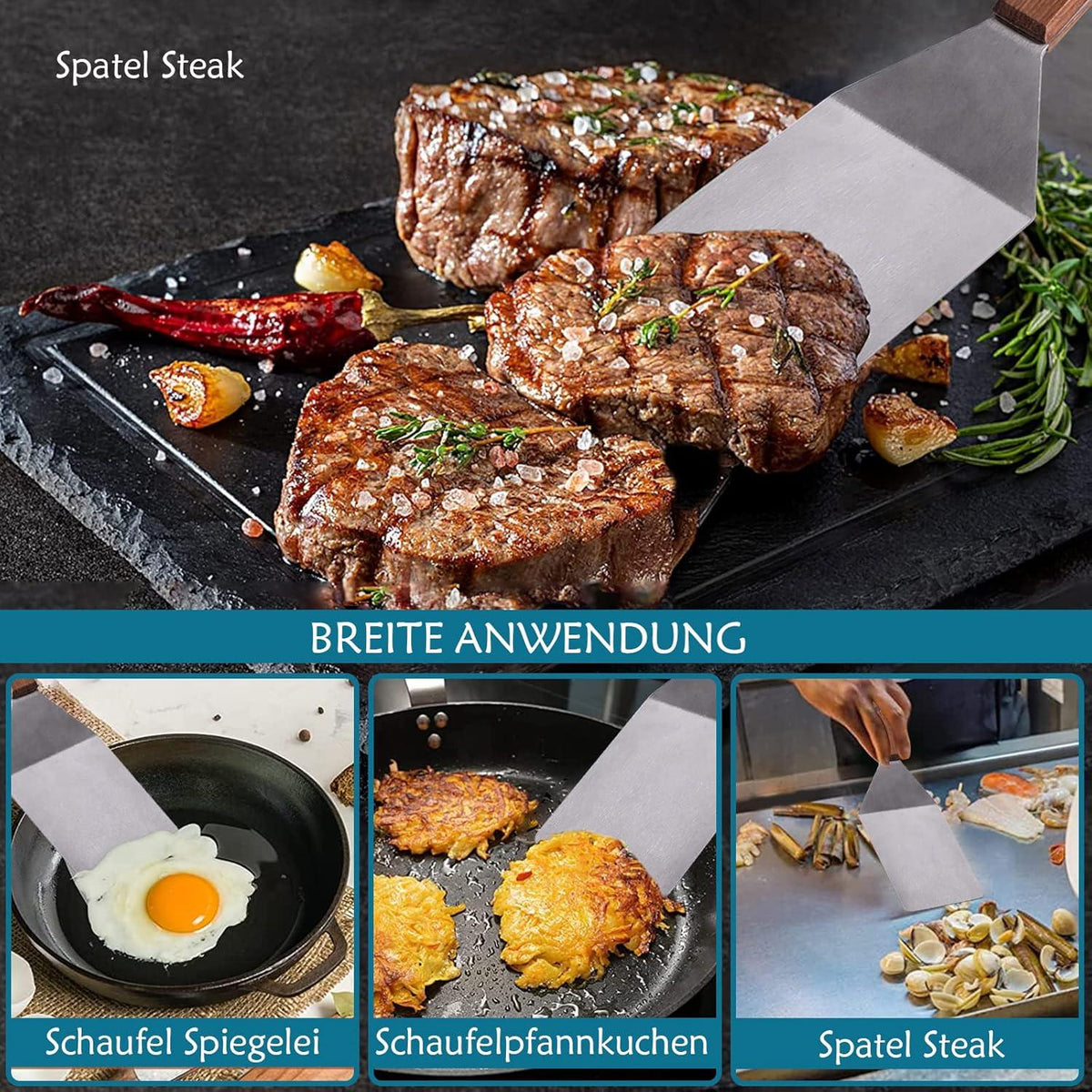 Edelstahl Grillzange Set BBQ Werkzeug Küchenzange Pfannenwender 3 Stück