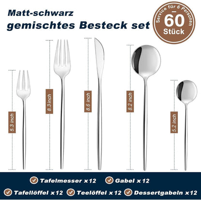 Besteckset Edelstahl 60 Teile für 12 Personen, Silber