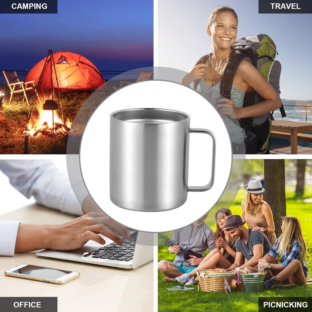 Livole Edelstahl Camping Becher 12oz mit Deckel und Strohhalm