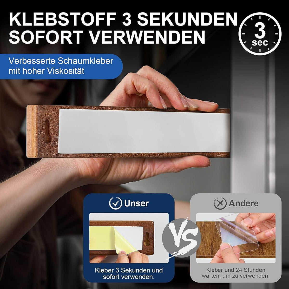 Magnetleiste Messerblock 40 cm Akazienholz 4 Haken Magnetisch