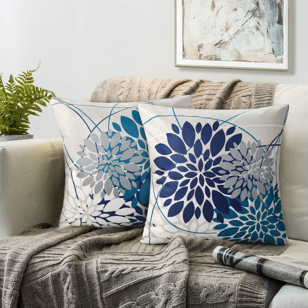 Blaugrün Kissenbezug 50x50 - Geometrisch Blumen Dekor 2er Pack