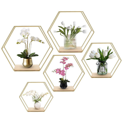 Hexagon Wandregal 5er Set Gold – Metall Wandregale für Deko