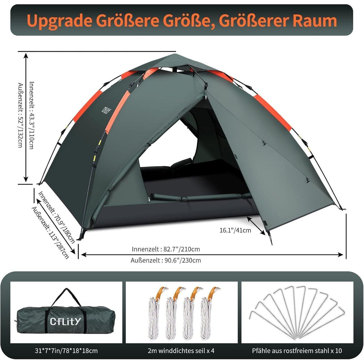 3-Personen Pop-Up Zelt, 4 Jahreszeiten, Wasserdicht, Grün