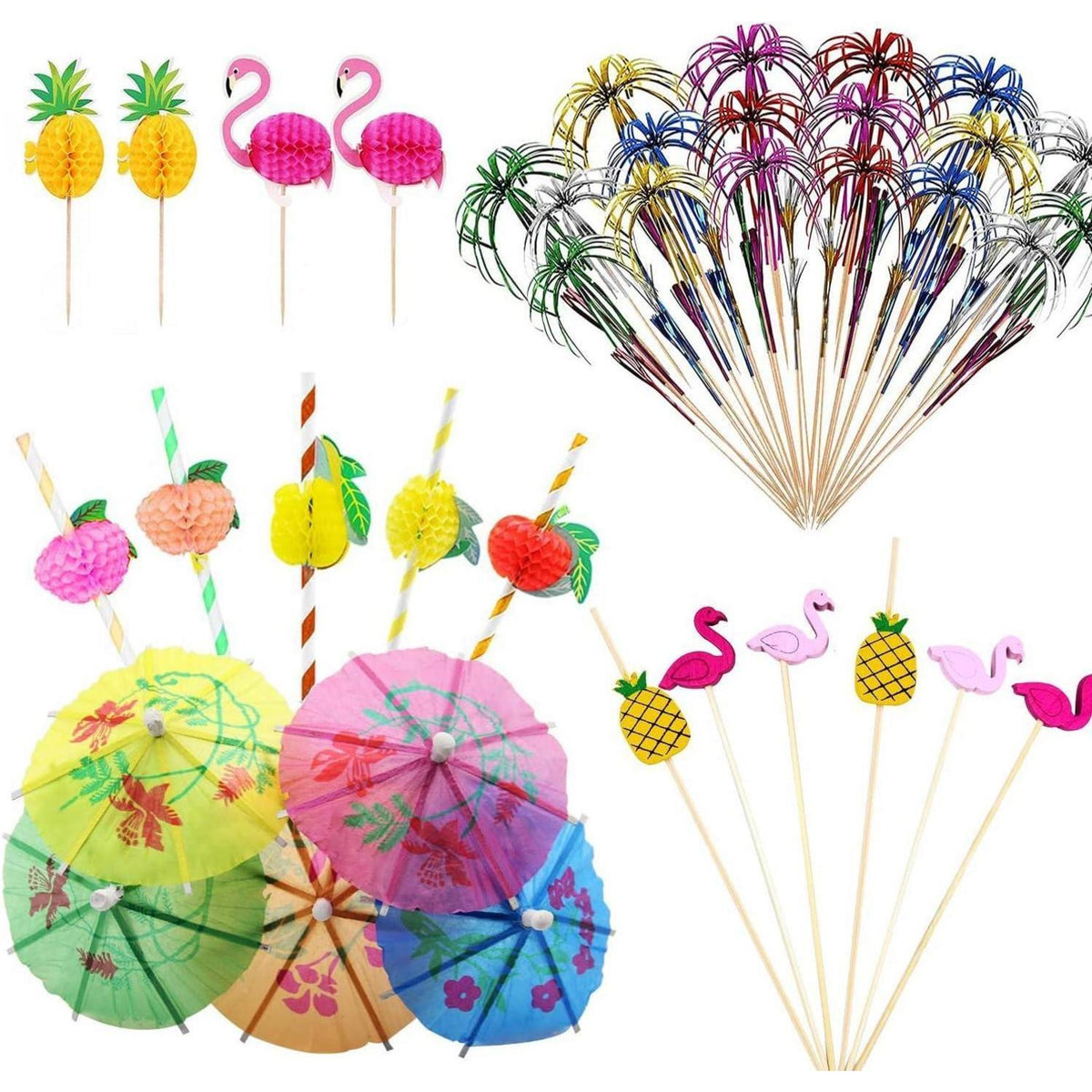 150 Cocktail Deko Schirmchen & Feuerwerk Spieße für Sommerparty