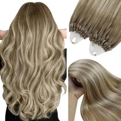 Echthaar Microring Extensions Ombre Hellbraun Blond 60cm