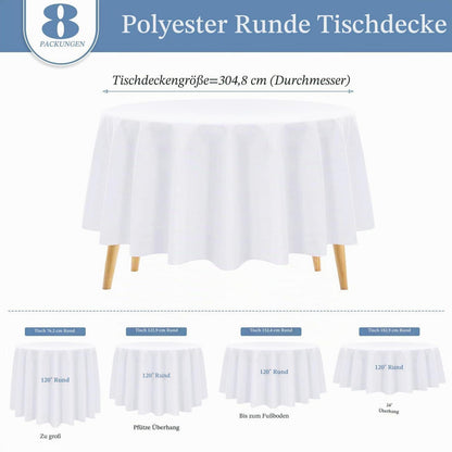 Weiße Polyester Tischdecke rund 305 cm - 8er Set für Hochzeit & Party