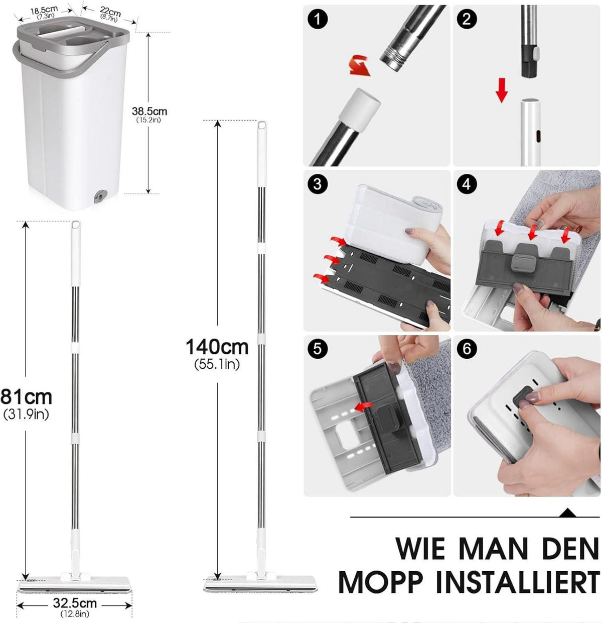 Wischmopp Set mit Eimer und 10 Mikrofaser Wischpads