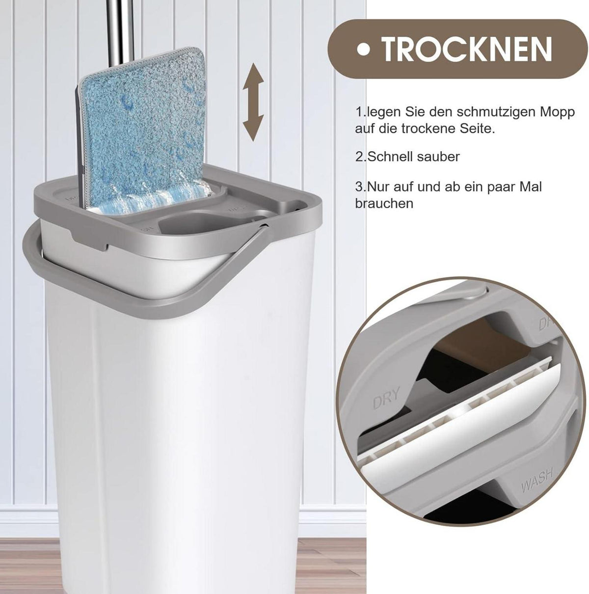 Wischmopp Set mit Eimer und 10 Mikrofaser Wischpads - Verstellbarer Griff - Auswringfunktion