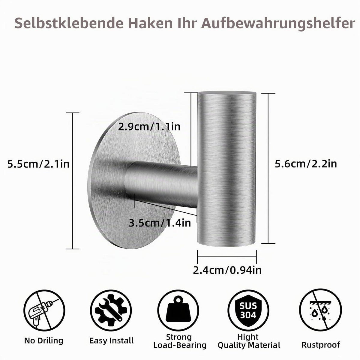Handtuchhaken selbstklebend Edelstahl gebürstet Silber