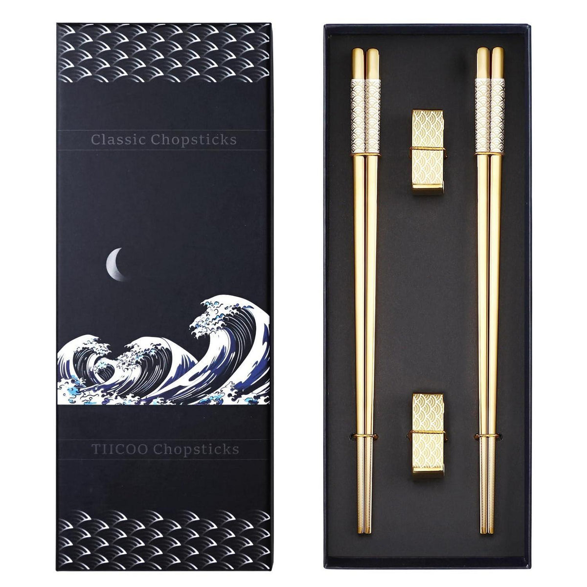 Edelstahl Essstäbchen Set mit Ständer - Goldenes Geschenk im Japan-Stil