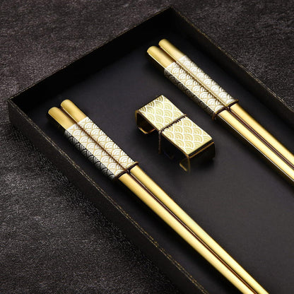 Edelstahl Essstäbchen Set mit Ständer - Goldenes Geschenk im Japan-Stil
