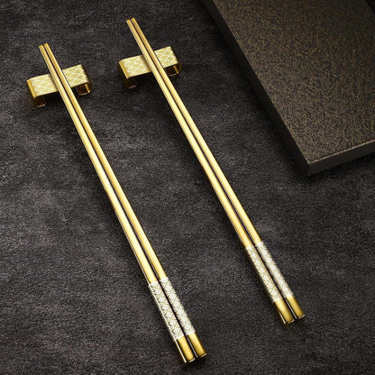 Edelstahl Essstäbchen Set mit Ständer - Goldenes Geschenk im Japan-Stil
