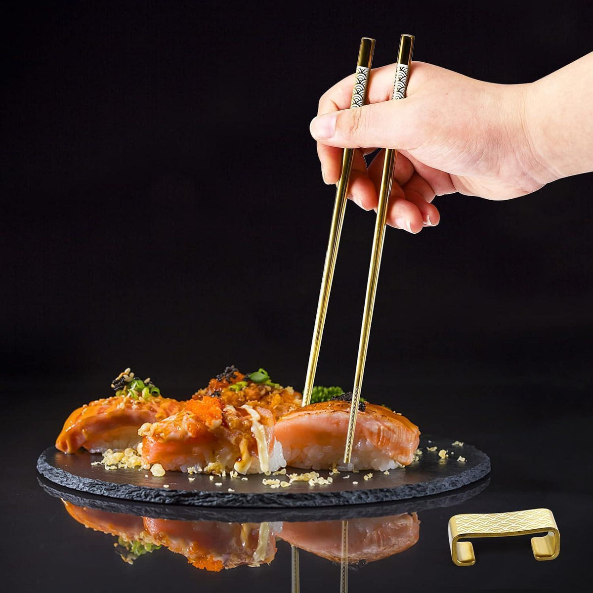 Edelstahl Essstäbchen Set mit Ständer - Goldenes Geschenk im Japan-Stil