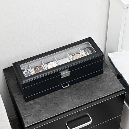 Uhrenbox mit 6 Fächern und Schublade, Glasdeckel, Schwarz