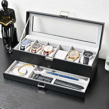 Uhrenbox mit 6 Fächern und Schublade, Glasdeckel, Schwarz