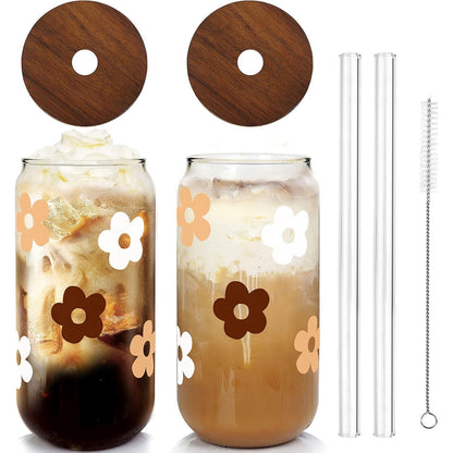 Glasbecher mit Deckel & Strohhalm – Blumenmuster 590ml