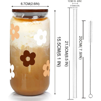 Glasbecher mit Deckel & Strohhalm – Blumenmuster 590ml