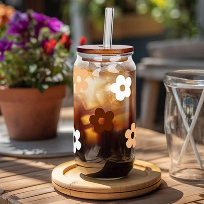 Glasbecher mit Deckel & Strohhalm – Blumenmuster 590ml