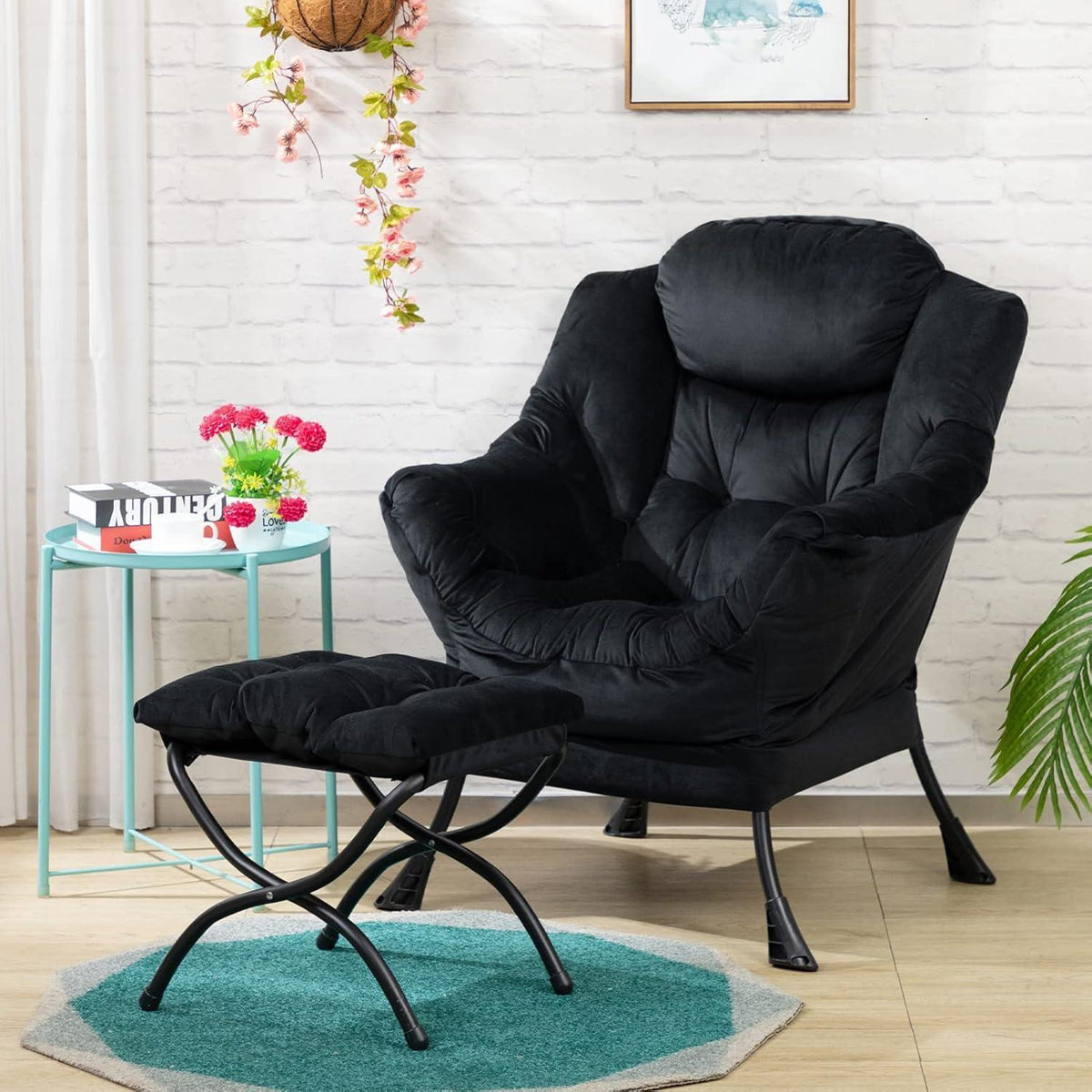 Ohrensessel mit Hocker | Samt Relaxsessel Wohnzimmer Sessel Schwarz