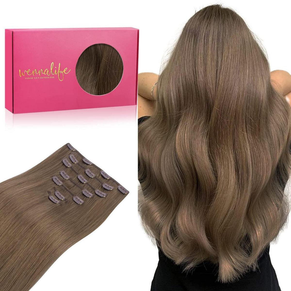 Clip in Haarverlängerung Echthaar Aschbraun 40cm