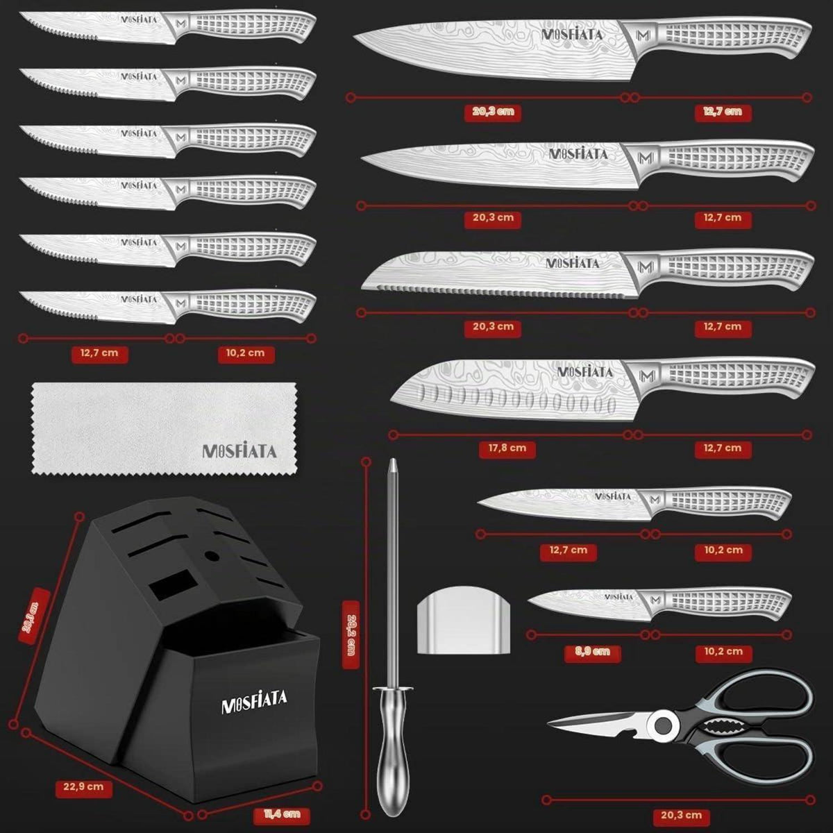 17-tlg. Messerblock Set Edelstahl | Kochmesser, Steakmesser & Zubehör
