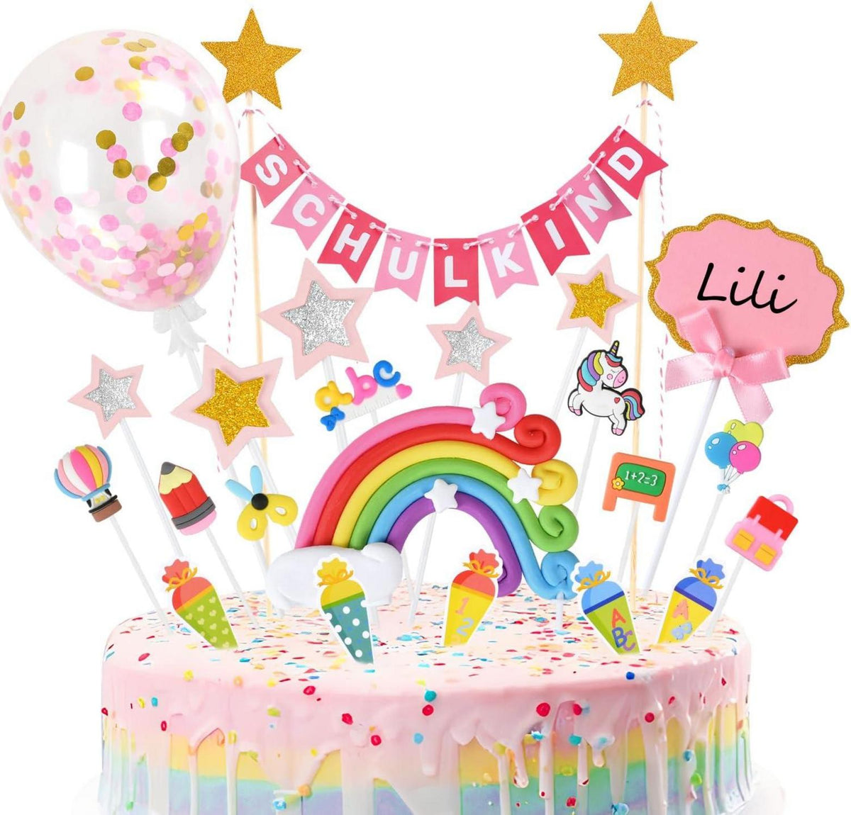 Tortendeko Einschulung Mädchen Rosa Schulanfang ABC 123 Ballon Cupcake