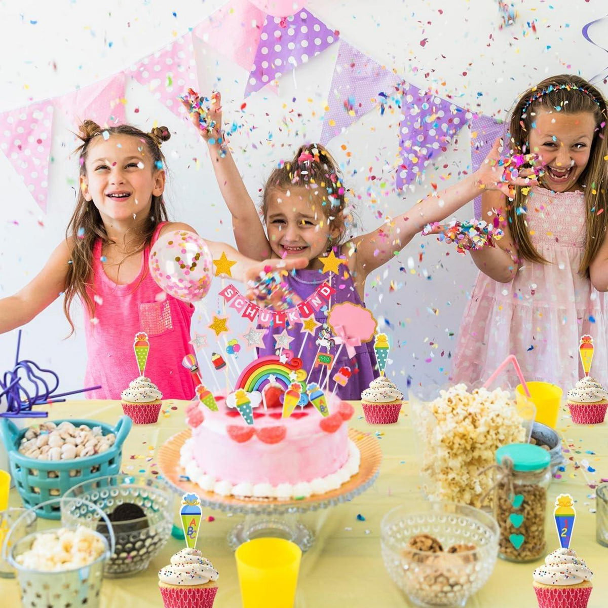 Tortendeko Einschulung Mädchen Rosa Schulanfang ABC 123 Ballon Cupcake