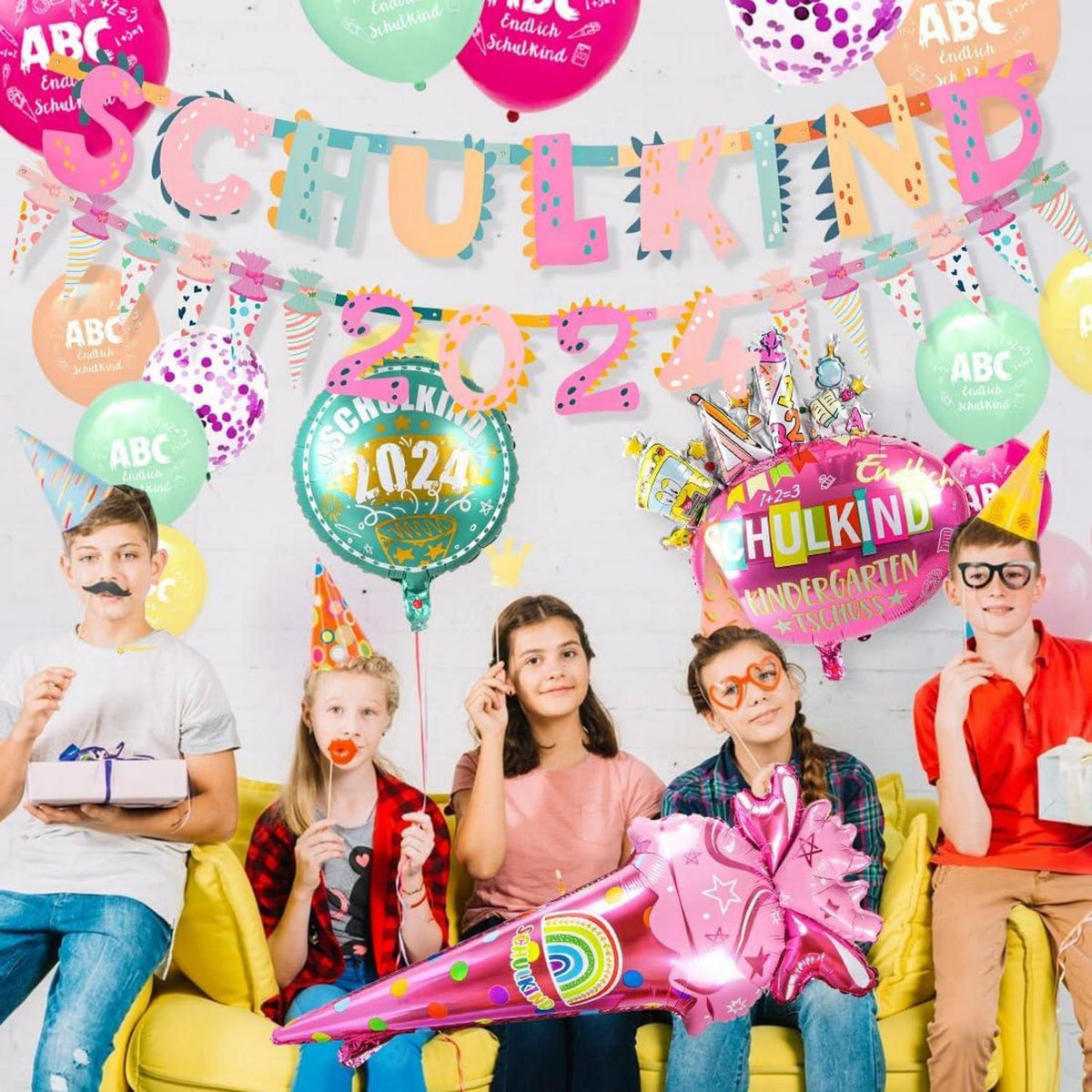 iZoeL SCHULKIND 2024 Mädchen Einschulung Deko-Set mit Girlande, Folienballon, Luftballon und Konfetti